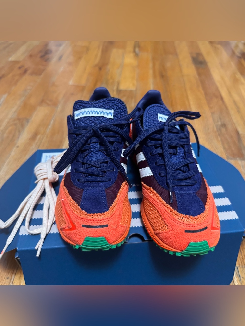 Bad Bunny Adizero Navy & Orange Athletic Sneakers with White Stripes